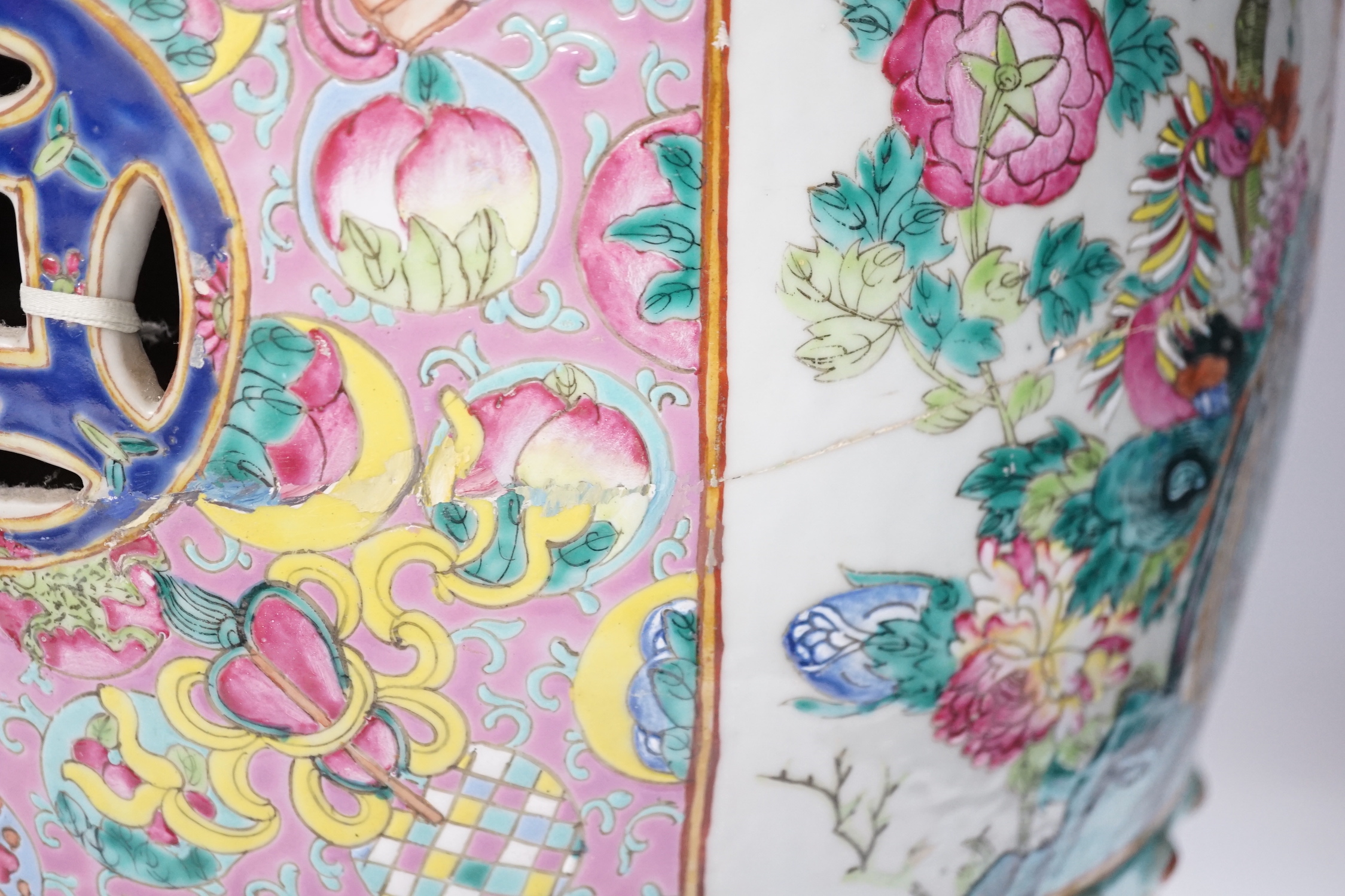 A 19th century Chinese Canton decorated famille rose garden seat (restored), 46cm high